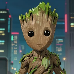 anime fine details portrait of Groot in front of cyberpunk moder city landscape on the background deep bokeh, close-up view, anime masterpiece by Studio Ghibli. 8k, sharp high quality anime, artstation