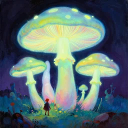 felucia landscape, giant fluorescent mushrooms, neon, painting by ralph mcquarrie