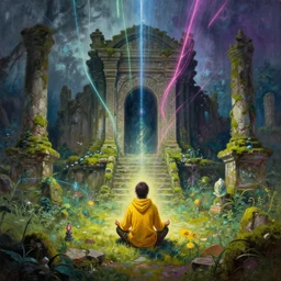 a wanderer wearing yellow sits in meditation at an ancient shrine. mossy decrepit ruins in a forgotten land. magical leylines emit streaks of various colors of mana streams. a final fantasy concept splash oil painting of a rogue mage absorbing powers from the dungeon depths in an enchanted garden. by greg rutkowski