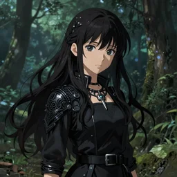 a beautiful girl with long dark hair, wearing a black outfit, forest background, intricate, highly detailed, digital painting, artstation, official media, anime key visual, concept art, rich vivid colors, ambient lighting, sharp focus, illustration, art by Artgerm, Makoto Shinkai, Ilya Kuvshinov, Lois Van Baarle, and Rossdraws