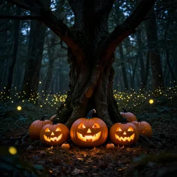 Scary dark forest, glowing pumpkins under a tree, forest fireflies glow in the forest, trending on artstation, 30mm, by Noah Bradley
