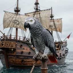 “an African Grey parrot on an ancient pirate ship”