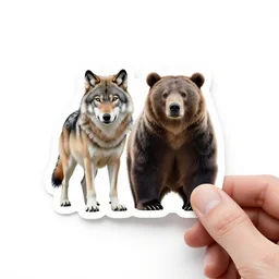 vinyl sticker of a wolf and a bear, white background, hand holding, psd mock up, high quality, studio lighting
