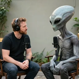 joe rogan sitting opposite a grey large head alien doing a podcast, photo, realistic, outdoor lighting, 4 k, 8 k, hd, 3 9 mm lens