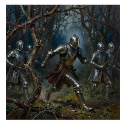 errand knight being chased by chivalry soldiers inside a very thorny and clustered woods, beautiful epic oil painting, nightime,