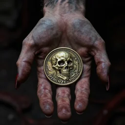 a demon's hand holding a coin worth 1 human soul to be traded in hell. centered. horror dystopia style. highly detailed 8 k. intricate. nikon d 8 5 0 3 0 0 mm. award winning photography.