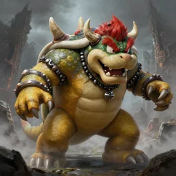 concept art of bowser with huge horns and scales and talons in a ruined kingdom, resident evil, horror, occult, terror, mist, volumetric render, digital painting, detailed painting