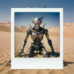 8 0 s colour photograph artistic polaroid of highly detailed portrait of biomechanical demon in magical sand dunes by villeneuve,, soft lighting insanely detailed concept art by luis royo, giger, beksinski, todd mcfarlane, lotr, soft lighting, particle fx renderer photorealistic