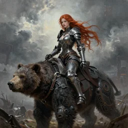 ultra realist and ultra intricate detailed soft painting of a beautiful gothic armored female riding a biomechanical war bear on the war field , thin lustrous long auburn hair and fur, symmetry features, sensual gloomy style, volumetric clouds,  cyberpunk background, artstation,  unreal render, depth of field