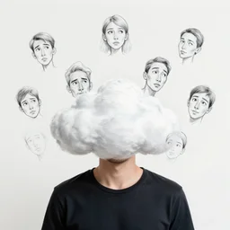 a person with a cloud covering their head, sketches of faces look in random places quickly as if they were distracted near the person