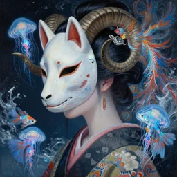 3 d goddess close - up profile portrait with ram skull. beautiful intricately detailed japanese crow kitsune mask and clasical japanese kimono, oil on wood, betta fish, jellyfish phoenix, bio luminescent, plasma, ice, water, wind, creature, artwork by tooth wu and wlop and beeple and greg rutkowski