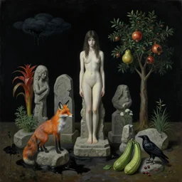 realistic painting of solid black night sky, tall emo girl, stone sculptures, a fox, a pear tree, dark clouds oozing black paint, stones, black puddles, pomegranate tree, bromeliads, herbs, raven, courgettes, berries, zen, sensual, surrealist painting by magritte and monet and rousseau