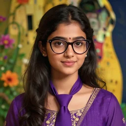 a candid portrait of a cute young hyderabadi female wearing a purple tie with cateye glasses, summer bloom, au naturel, hyper detailed, digital art, trending in artstation, cinematic lighting, studio quality, smooth render, unreal engine 5 rendered, octane rendered, art style by klimt, nixeu, ian sprigger, wlop, krenz cushart
