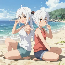 An illustration of two girls as ToLoveRu, white hair, playing at beach, back to back, digital painting, concept art, highly detailed, sharp focus, sunny, art by Kyoto Animation, anime illustration, trending on Pixiv.