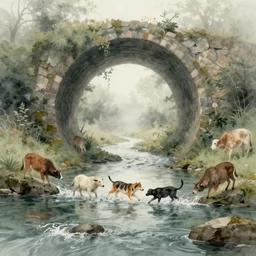 magical tunnel inside the river and animals use it for crossing the river ,foggy ,dreamy , concept art trending on artstation, water color,