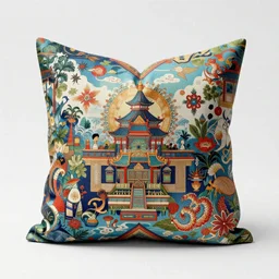 a unique and amazing pillow, product shot, intricate, fine detail, full maximalist print, bright colours