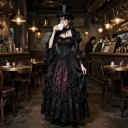 full body portrait photo of reol wearing a elegant gothic dress, open top, wearing a tophat, and glasses. drinking coffee in a busy steampunk cafe interior. studio lighting, at night, realistic, ( ( photograph ) ), moody
