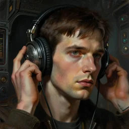 a epic norman rockwell painting close up face portrait of marty mcfly listening to music with headphones on in a dark liminal space room, gritty tech, deep focus, fantasy, intricate, elegant, highly detailed, digital painting, artstation, concept art, matte, sharp focus, illustration, dark fantasy style art, resident evil, art by artgerm and greg rutkowski and alphonse mucha