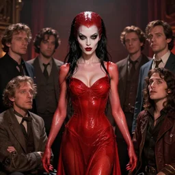 sweaty succubus gorgeous lighting by weta studio, she is wearing a red dress, mucha, bautista and norman rockwell and greg rutkowski and tom bagshaw and james gurney and lucasfilm