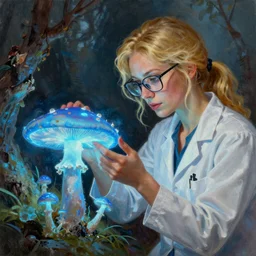 A mixed media portrait painting of a beautiful blonde biologist woman, labcoat, glasses, examining a giant blue glowing mushroom in a mire, detailed Aesthetic! face and eyes, slavic, by Beeple, Frank Frazetta, Greg Rutkowski, Christian MacNevin, Boris Vallejo, epic fantasy character art, high fantasy, CGsociety, exquisite detail, post-processing, masterpiece, cinematic