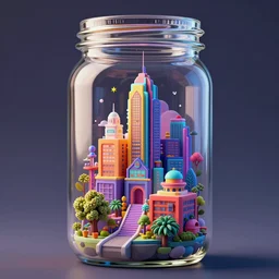 glass jar, inside is a vibrant solarpunk city, octane render, colorful