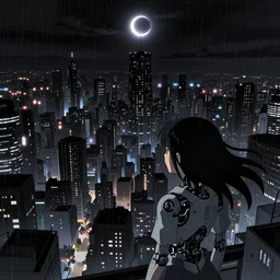 android mechanical cyborg anime girl overlooking overcrowded urban dystopia. midnight long hair. gigantic future city. pitch black night. raining. makoto shinkai. wide angle. distant shot. dark and dreary. solar eclipse.