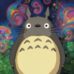 a colorful vibrant portrait of totoro from studio ghibli, lsd acid on his tongue and dreaming psychedelic hallucinations, by kawase hasui, moebius, edward hopper and james gilleard, zdzislaw beksinski, steven outram colorful flat surreal design, hd, 8 k, artstation
