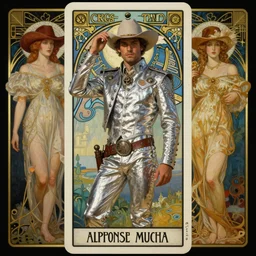 a dramatic ethereal epic symmetrical painting of a handsome cowboy in a silver outfit | tarot card, art deco, art nouveau,  (steampunk), homoerotic, realistic | by Greg Rutkowski, by Mark Maggiori and ((((Alphonse Mucha))) | trending on artstation