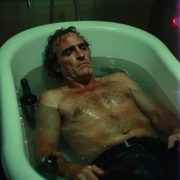 the upper shot of old wrinkled unkempt drunkard ( ( joaquin phoenix ) ) lying in cast iron bath with bottles in the water, cinematography of christopher doyle, neon gloomy light, anamorphic, optical flares, kodak film, sharp focus, realistic, 8 k