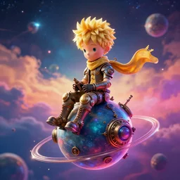 The little Prince steampunk sitting on a mini planet, space is colorful, artstation trending, 8k render, dramatic lightning, beautiful sky colors, vivid, luminescent, biometal,