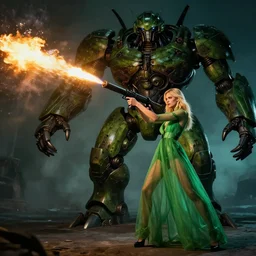 tall blonde fashion model wearing sheer green dress aiming and firing a flamethrower at a huge android plant monster hybrid, high contrast cinematic light, mystical shadows, sharp focus, octane render, artists philippe caza with richard corben and mœbius