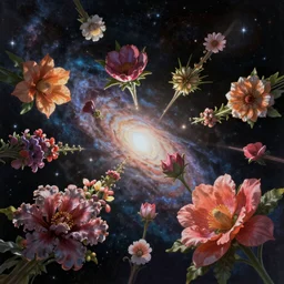 An epic fantastic realism comic book style painting of the most beautiful flying flowers launched across the dark and starry galaxy, floating bouquets, fisheye, unreal 5, DAZ, hyperrealistic, octane render, dynamic lighting