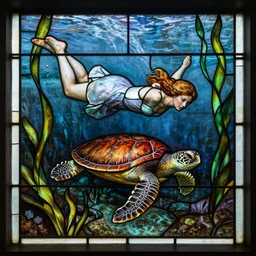 stained glass window of a woman swimming with turtles, surrounded by kelp, in the style of john william waterhouse