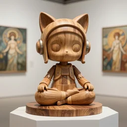 3D octane render ultra 8K photorealistic hyperdetailed unreal engine ,a wooden sculpture,art toys on a pedestal ,a very cute mystical robot of the virgin with cat’s ears in a zen heroic pose ,meditation ,rebelle,cyberpunk ,concept art ,trending on cgsociety ,artwork masterpiece , in a contemporary art gallery in neo Paris by Alphonse Mucha