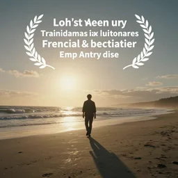 Documentary film, long shot, one man walking on the beach, cinematic tone.