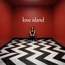 love island in the red room, twin peaks. in the style of david lynch, black and white zig zag floor, strange, weird