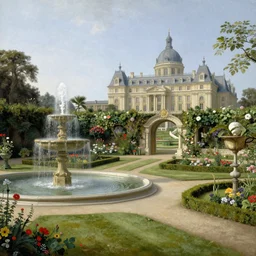 Beautiful garden, next to a fountain and a mystical palace. By Joseph Mallord William Turner, fractal flame, highly detailded