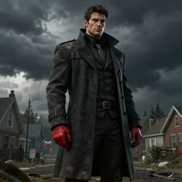 highly detailed character art of a tall handsome man wearing a dusty black coat with a red right hand, suburbs and a gathering storm in the background, photo realistic, dark atmosphere, moody, 8K, octane render, unreal engine