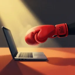 boxing glove punching a laptop screen, editorial illustration by karolis strautniekas and mads berg, volumetric light, depth of field, very light fog, red black yellow orange, fine texture, detailed, muted colors, film noir, dramatic lighting, dynamic composition, vivid, matte print, wide angle, ( ( sunbeams ) ), moody, extreme perspective, long contrasting shadows