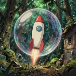 unrealistic interior shot from howls moving castle ( 2 0 0 4 ) of a scientist rocketing out of a bubble in a dense woodland a abandoned alley. cartoon depth of field.