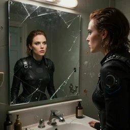 octane render photographic portrait by quentin tarantino of a beautiful feminine man wearing black techwear and light makeup looking in a broken bathroom mirror, rundown new york apartment, full shot, retrofuturism grunge cyberpunk cinematic time dilation, 4 k, 8 k, hd, high resolution, ultra realistic faces, photorealistic, intricate detail, trending on artstation, digital painting, clockwork orange