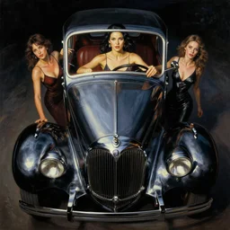3 d fisheye, very low, wide angle, painting showing olivia munn driving exaggerated 1 9 3 0 s car with woman driving, shiny, dramatic lighting, sultry, sensual, shiny, vargas, elvgren, wlop, manara, moebius, joshua middleton, artgerm