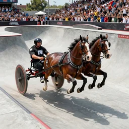 roman horse-drawn chariot racer jumping in a skate park half-pipe, video game cover, intense, high detail, crowd cheering, wide lense, style of Tony Hawk