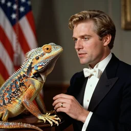 vintage photo of the president of the united states meeting with a lizard person