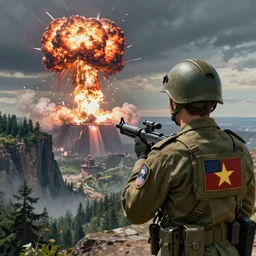 Futuristic matte painting of a US soldier in the Vietnam War looking at a nuclear explosion at the distance at a cliff, forest, volumetric light scattering, highly detailed, digital art, Andreas Rocha, Greg Rutkowski, Darek Zabrocki, ArtStation, CGSociety, Unreal Engine, 4K, 8K