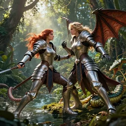 Intense fight between a female paladin and a hydra near a jungle pond, cover by Artgerm, hyper realistic, photo realistic, dynamic lighting, HDR, 4k, high detail, volumetric lighting, lens flare