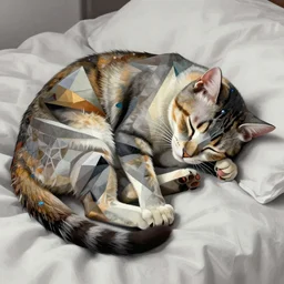 picture of a sleeping cat on a bed, highly detailed, cubism