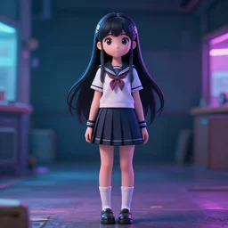 full body anime portrait of a cute girl round eyes long hair dressed in a school uniform cinematic highly detailed 4 k neon anatomically correct