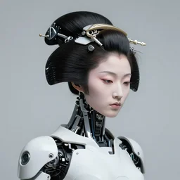 fine art portrait head shot minimal geisha cyborg mech by ilm and bill sienkiewicz and emmanuel shiu, zaha hadid, simplified neo - futuristic tactical, posed female, studio, mamiya 6 5 mm photograph, iso 4 0 0, f / 5. 6, hyperrealism, studio lighting, high detail, sharp focus, trending artstation, cgsociety