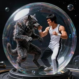 bruce lee fights a werewolf in a glass bubble in outer space, 8 k, highly detailed art by artgerm and greg rutkowski and alphonse mucha and william adolphe bouguereau